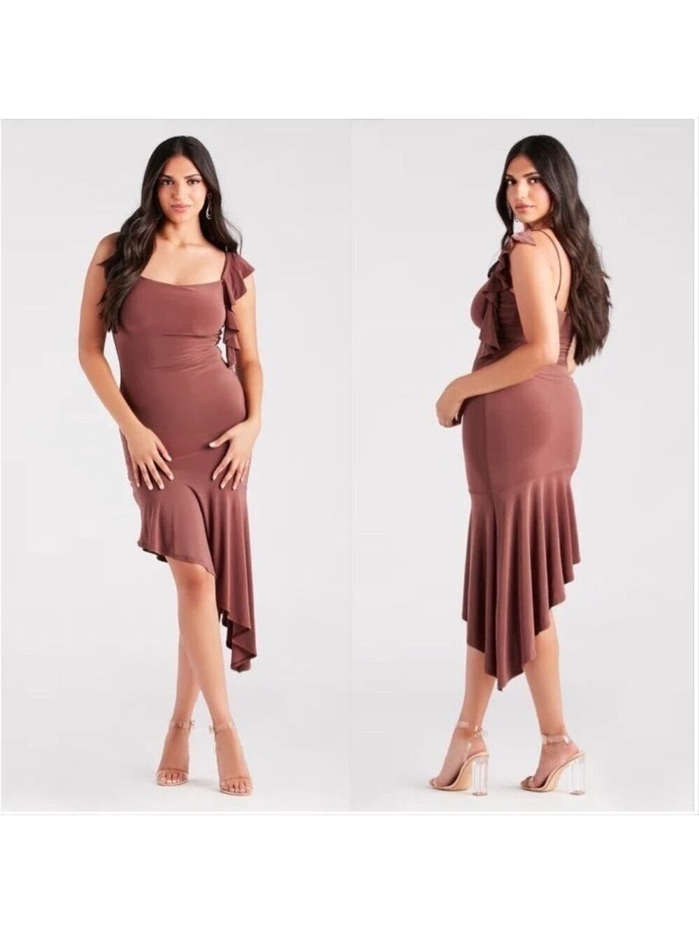 Windsor Womens Looking Lovely Cowl Ruffled Midi Dress Asymmetrical Ruffle NEW